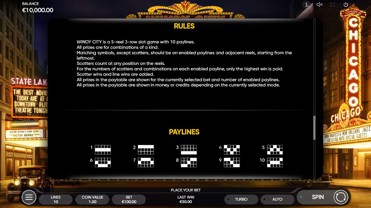 Windy City slot - winning paylines