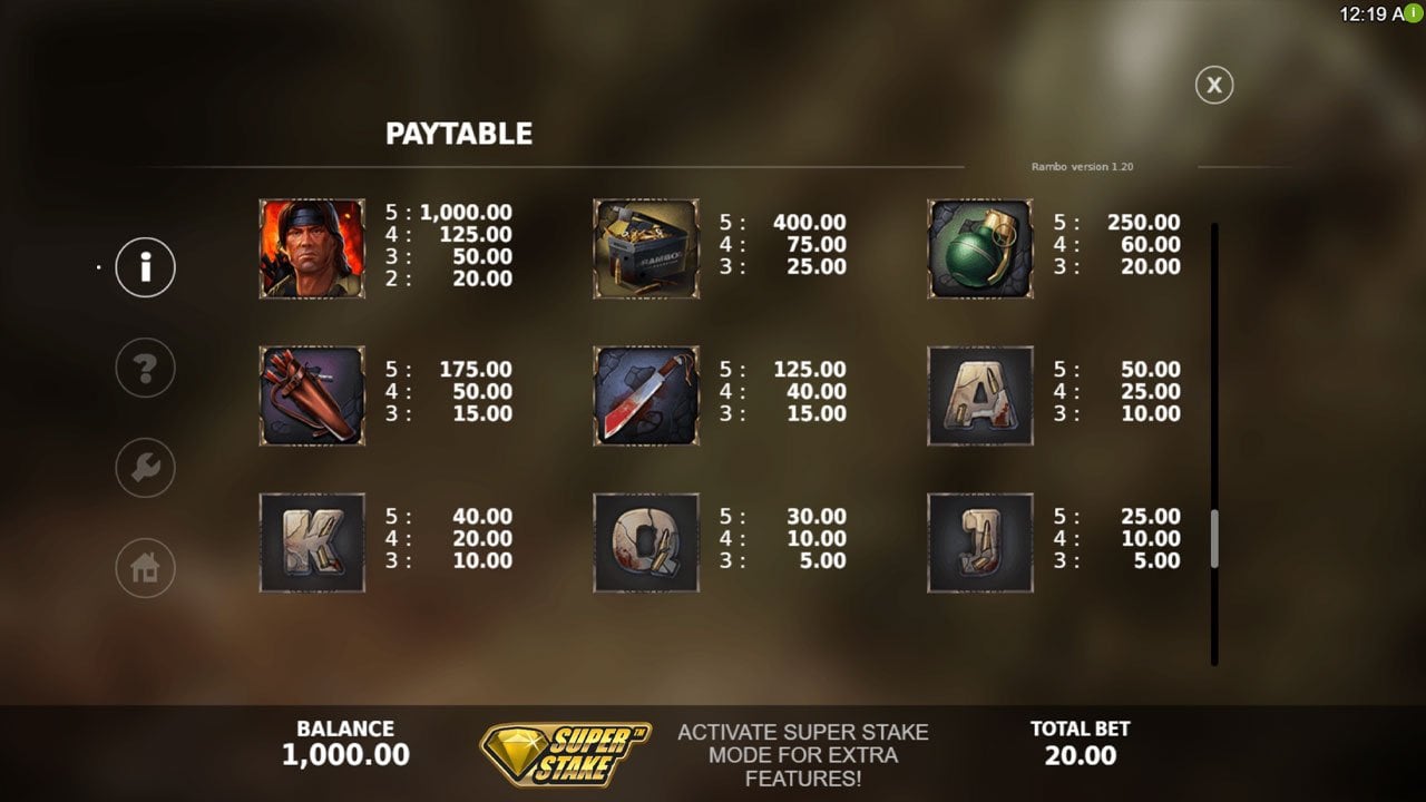 Rambo slot - Symbol pays