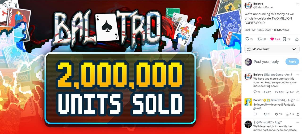 Balatro - Two Million Sales Post