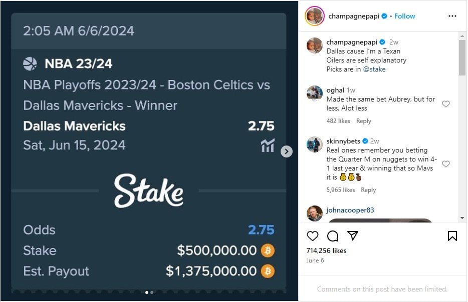 Drake Loses $500,000 BTC at Stake Casino