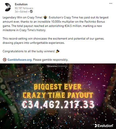 Evolution Gaming - Crazy Time €34.5 Million Pachinko Win