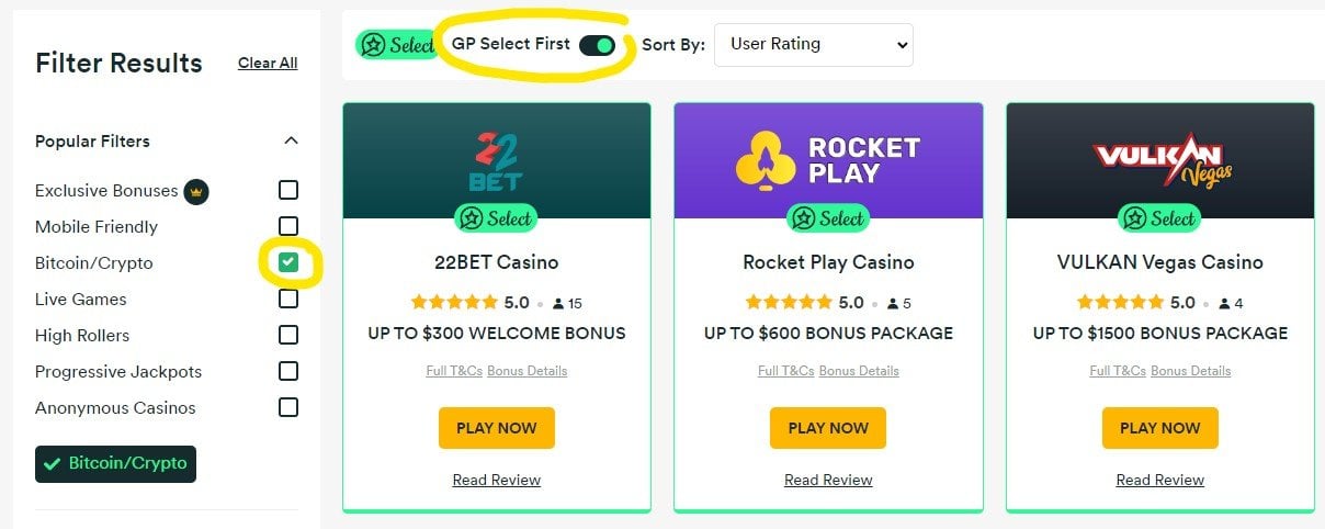 Example of GP Select Casinos