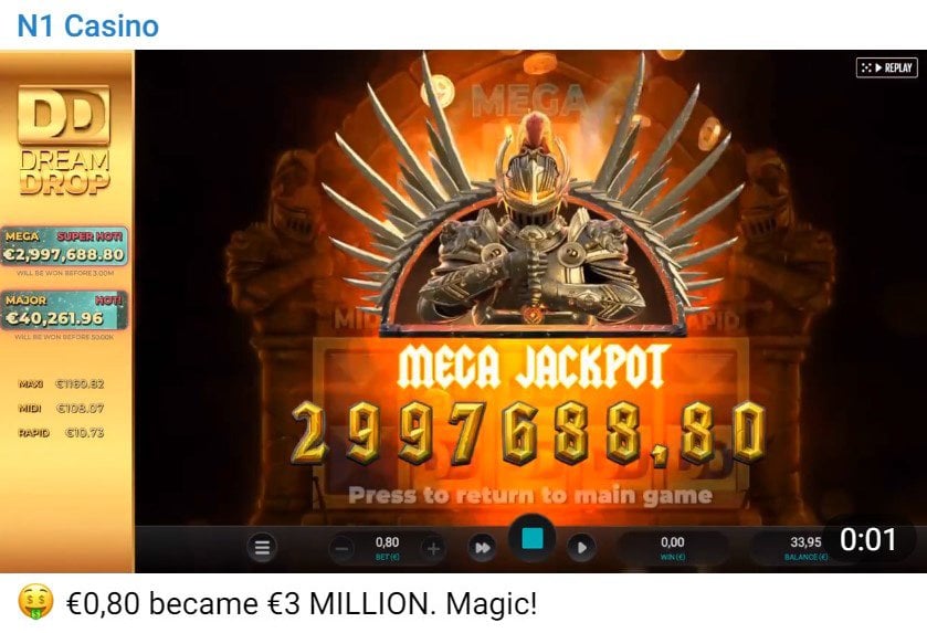 N1 Casino post video of the win on Telegram