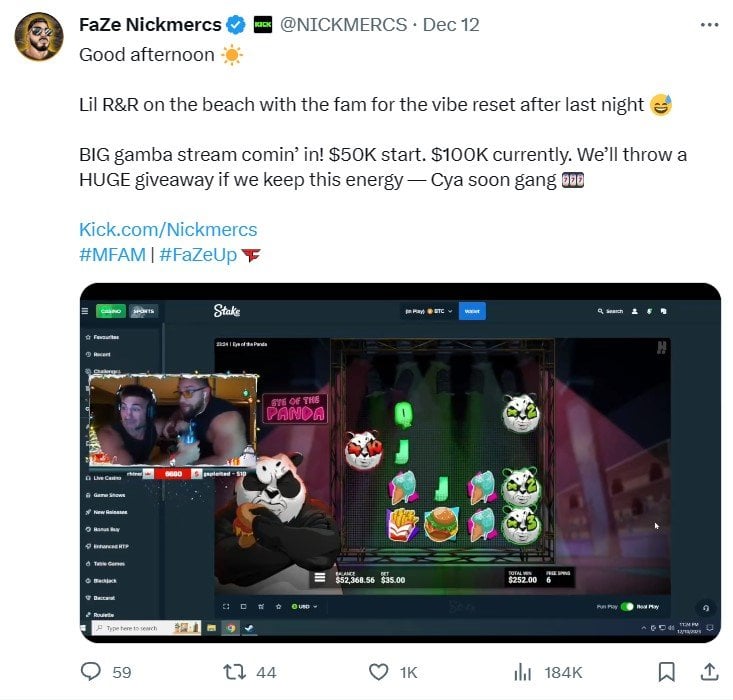NickMercs - playing Eye of the Panda slot on Kick