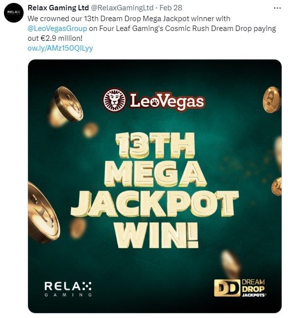 Relax Gaming - 13th Dream Drop Jackpot Slot Winner - 28 February 2024