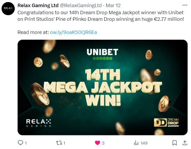 Relax Gaming Crown 14th Dream Drop Winner