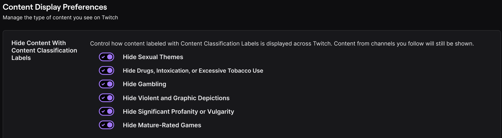 Twitch Content Display Preferences