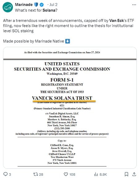 VanEck SOLANA ETF social media post