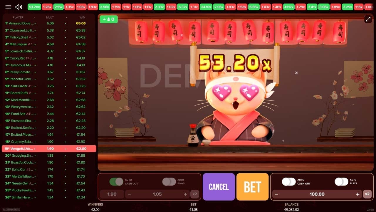 Wasabi Whiskers crash game screenshot