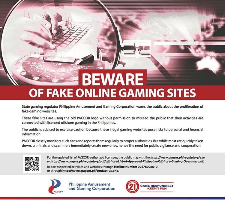 PAGCOR warns Filipino players about fake online casino licenses