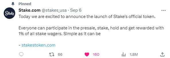 stake casino announced official staketoken launch on Twitter