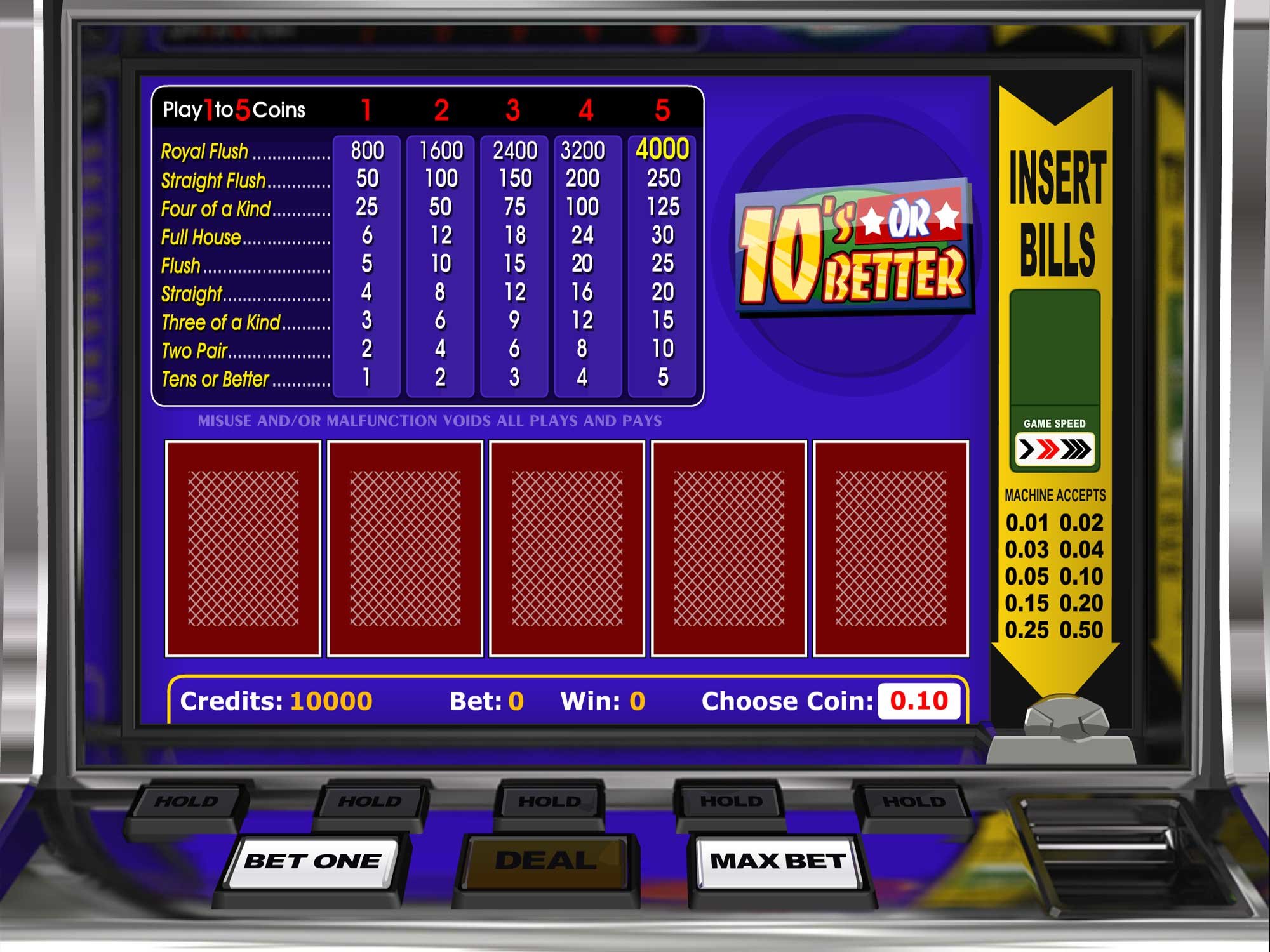 Tens or Better Video Poker Game Screenshot
