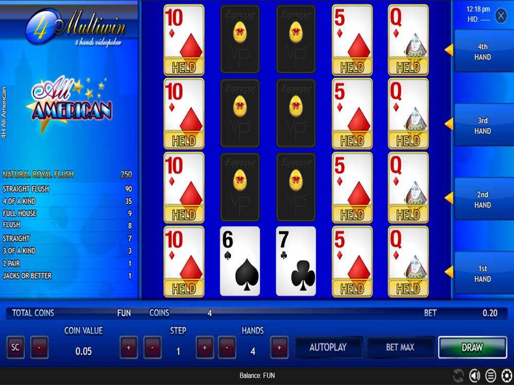 All American 4 Hands Video Poker by Espresso Games screenshot